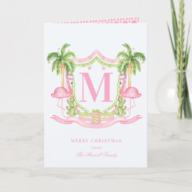 Preppy Flamingo Christmas Crest Photo Card (Front)