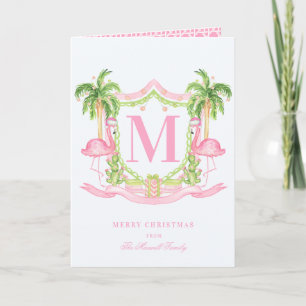 Preppy Flamingo Christmas Crest Photo Card
