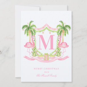 Preppy Flamingo Christmas Crest Photo Holiday Card
