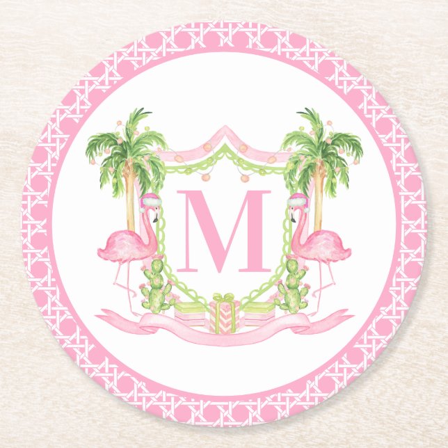 Preppy Flamingo Christmas Crest Round Paper Coaster (Front)