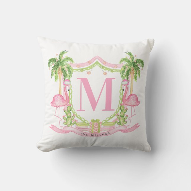 Preppy Flamingo Christmas Crest Throw Pillow (Front)