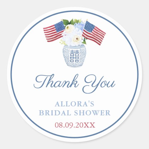 Preppy Floral American Flag Baby Shower Thank You Classic Round Sticker - Thank you stickers for any event (shown here for a Bridal Shower but all of the text fields are customizable). The design features watercolor ginger jar vase filled with pink cherry blossom stems. These watercolor elements were originally handpainted by me.