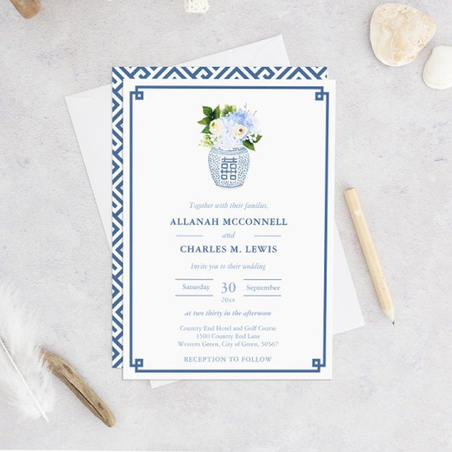 Preppy Floral Blue & White Ginger Jar Wedding Invitation (Blue And White Ginger Jar Greek Key Chinoiserie Chic Wedding Invitation)