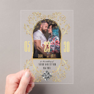 Preppy Floral Gold QR CODE Wedding Save the Date