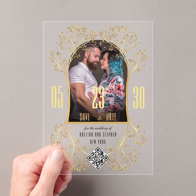 Preppy Floral Gold QR CODE Wedding Save the Date (Insitu (Handheld))