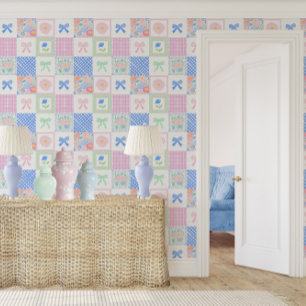 Preppy floral grandmillennial block bows gingham wallpaper