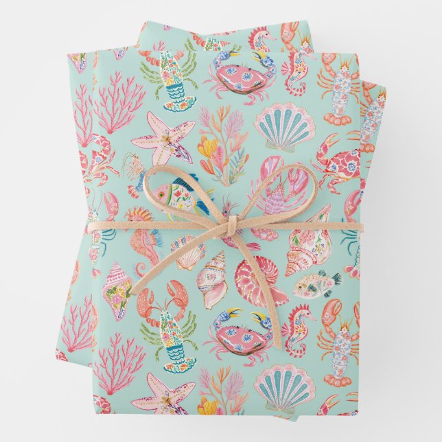 Preppy Floral Ocean Sealife Wrapping Paper Sheets (In situ)