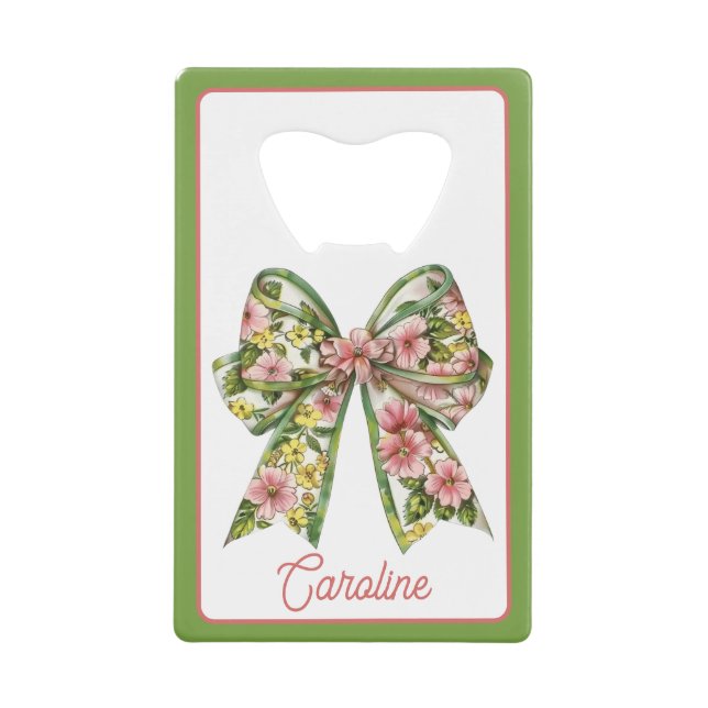 Preppy Floral Pink and Green Bow Personalized Credit Card Bottle Opener (Front)