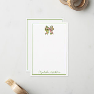 Preppy Floral Pink and Green Bow Personalized Note Card