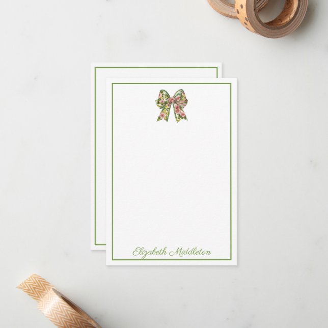 Preppy Floral Pink and Green Bow Personalized Note Card (Front/Back In Situ)