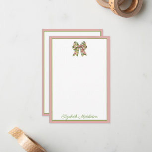 Preppy Floral Pink and Green Bow Personalized Note Card