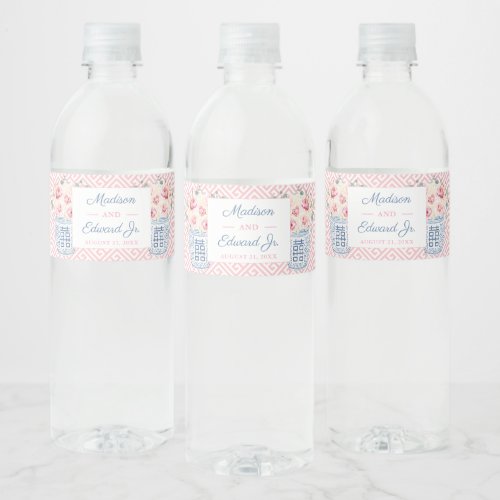 Preppy Floral Pink And White Bridal Shower Party Water Bottle Label
