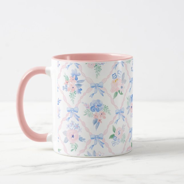 Preppy floral ribbonerie watercolor flowers bows mug (Left)