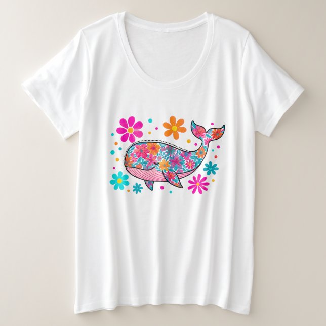 Preppy Floral Summer Whale Plus Size T-Shirt (Design Front)