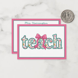 Preppy Floral Teach with Pink Bow Note Card