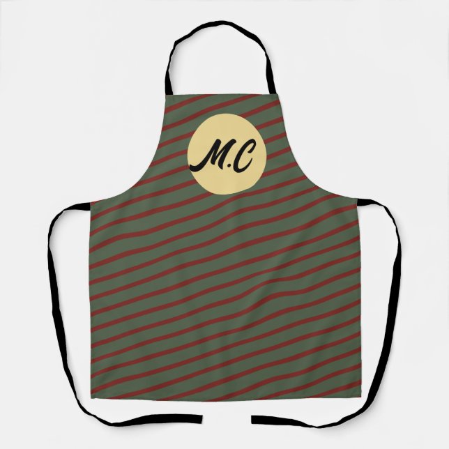Preppy Forest Green & Burgundy Stripes Monogram Apron (Front)