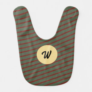Preppy Forest Green & Burgundy Stripes Monogram Baby Bib