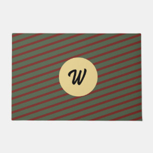 Preppy Forest Green & Burgundy Stripes Monogram Doormat