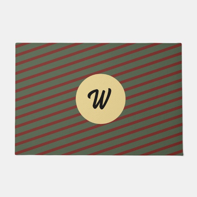Preppy Forest Green & Burgundy Stripes Monogram Doormat (Front)