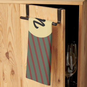 Preppy Forest Green & Burgundy Stripes Monogram Kitchen Towel