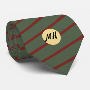 Preppy Forest Green & Burgundy Stripes Monogram Neck Tie