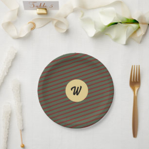 Preppy Forest Green & Burgundy Stripes Monogram Paper Plates