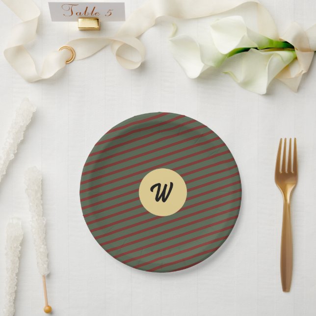 Preppy Forest Green & Burgundy Stripes Monogram Paper Plates (Wedding)