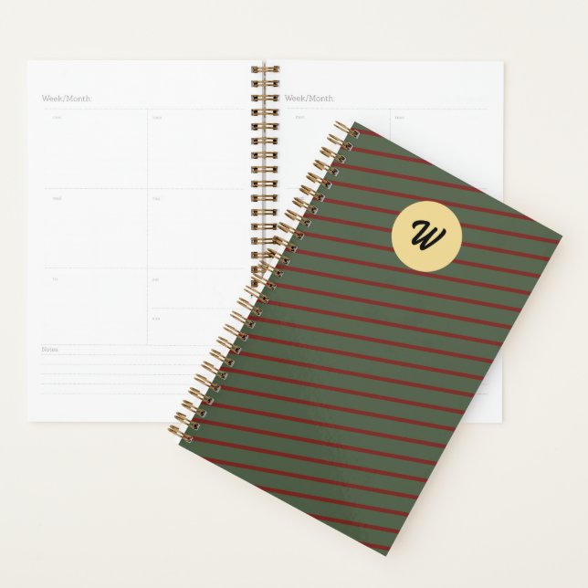 Preppy Forest Green & Burgundy Stripes Monogram Planner (Display)