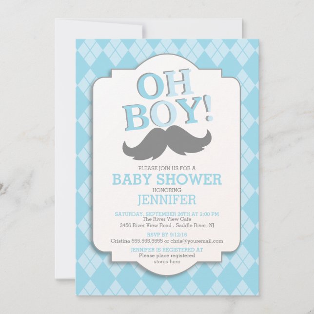 Preppy Fun OH BOY Mustache Baby Shower Invitation (Front)