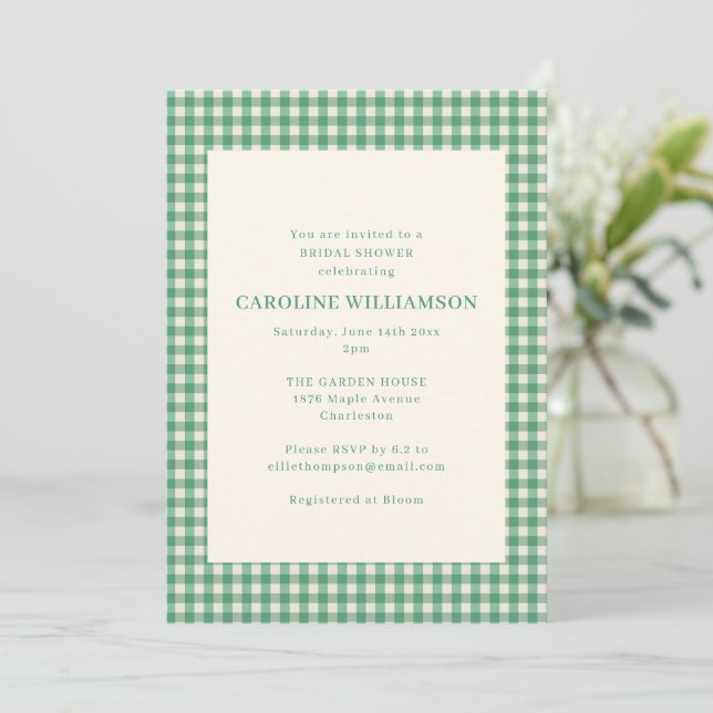 Preppy Garden Green Gingham Plaid Bridal Shower Invitation (Standing Front)