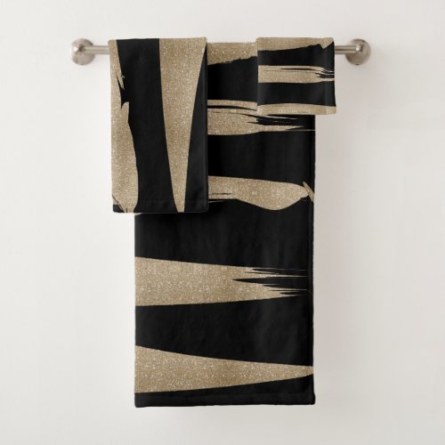 preppy geometric pattern black and gold stripes bath towel set