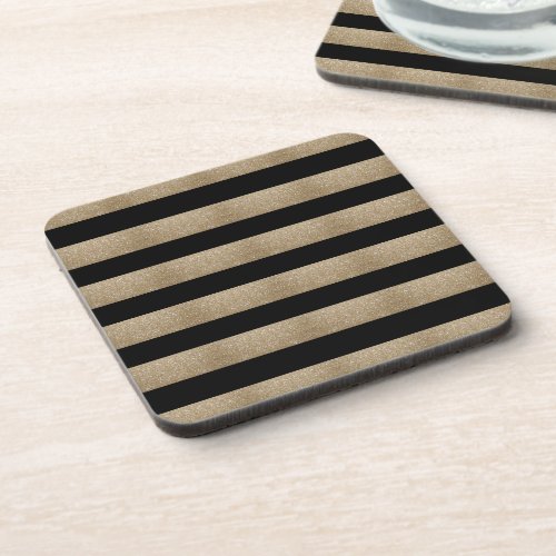 preppy geometric pattern black and gold stripes beverage coaster