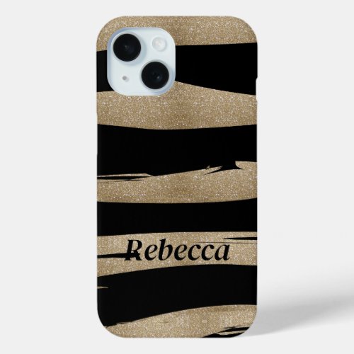 preppy geometric pattern black and gold stripes iPhone 15 case