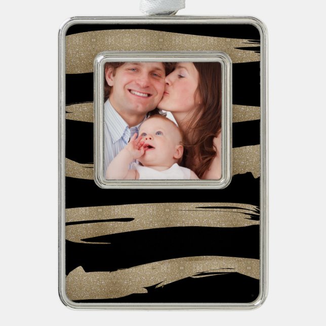 preppy geometric pattern black and gold stripes christmas ornament (Front)