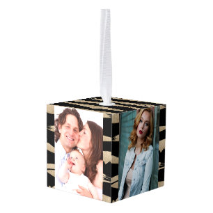 preppy geometric pattern black and gold stripes cube ornament