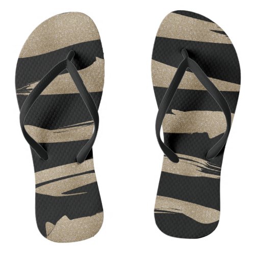 preppy geometric pattern black and gold stripes flip flops