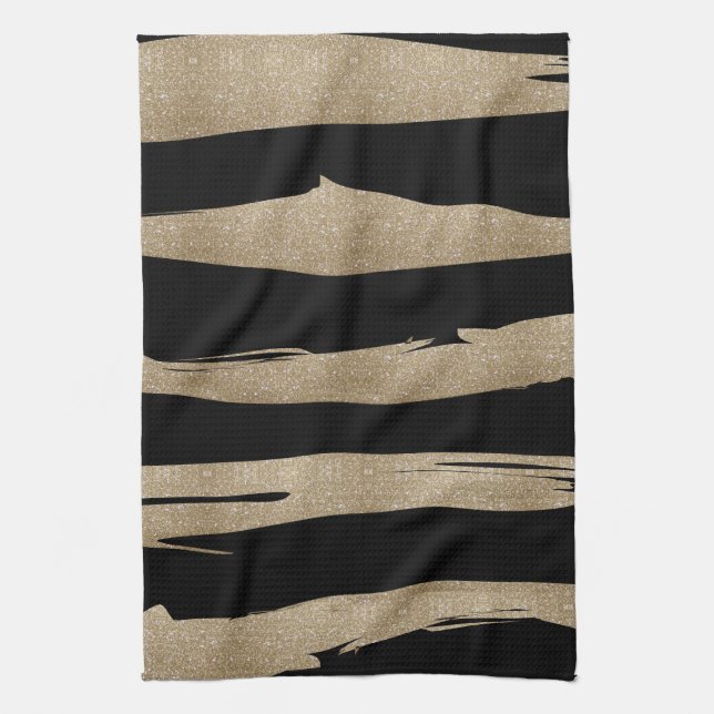 preppy geometric pattern black and gold stripes kitchen towel (Vertical)