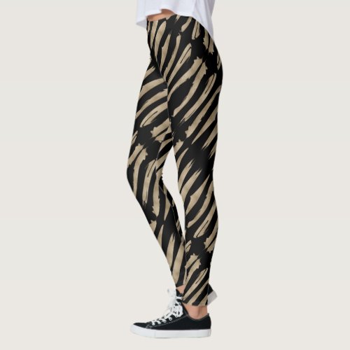 preppy geometric pattern black and gold stripes leggings