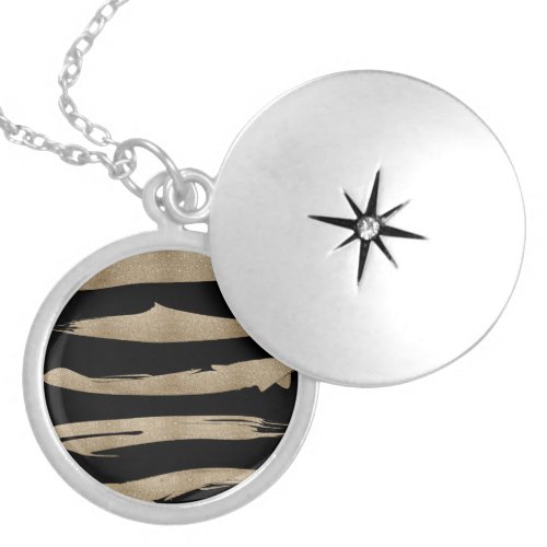 preppy geometric pattern black and gold stripes locket necklace
