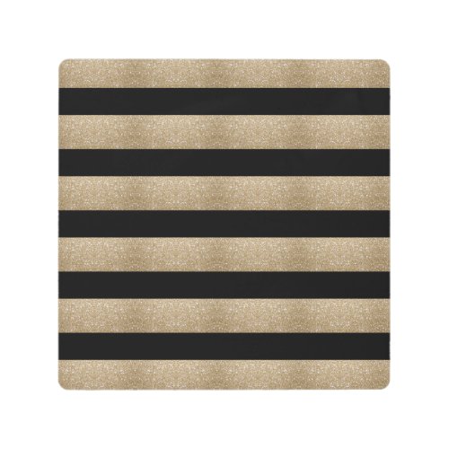 preppy geometric pattern black and gold stripes metal print