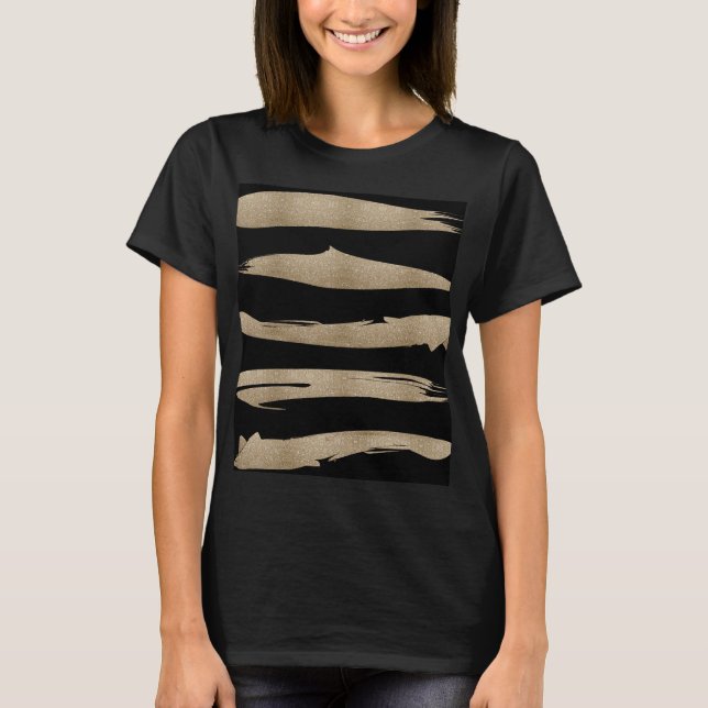 preppy geometric pattern black and gold stripes T-Shirt (Front)