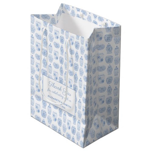 Preppy Ginger Jar Blue And White Wedding Thank You Medium Gift Bag - The background of this gift bag design is handpainted watercolor ginger jar vases arranged into a repeating pattern. The text shown is for a wedding welcome or thank you bag but all of the text fields are customizable to your needs. 