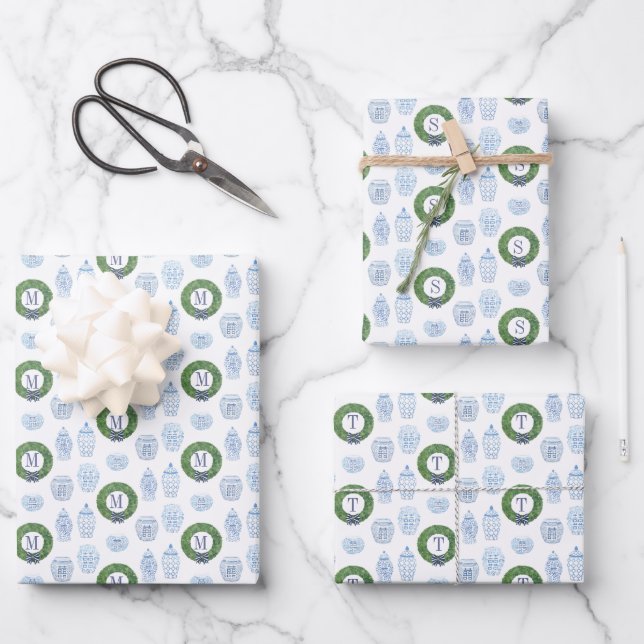 Preppy Ginger Jar Boxwood Wreath Monogram Holidays Wrapping Paper Sheets (Front)