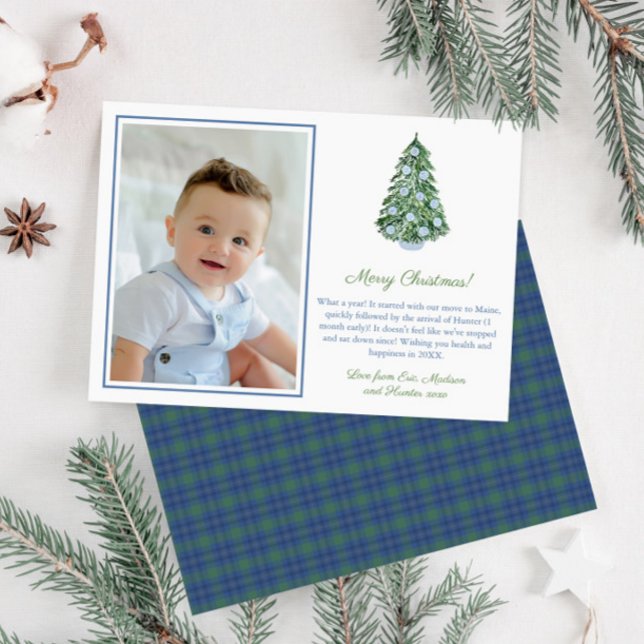 Preppy Ginger Jar Ornaments Merry Christmas Photo  Holiday Card (Elegant chinoiserie christmas tree photo holidays card with blue green tartan reverse)