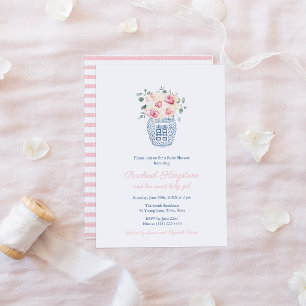 Preppy Ginger Jar Pink Florals Girl Baby Shower Invitation