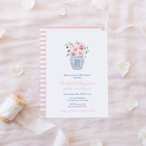 Preppy Ginger Jar Pink Florals Girl Baby Shower Invitation