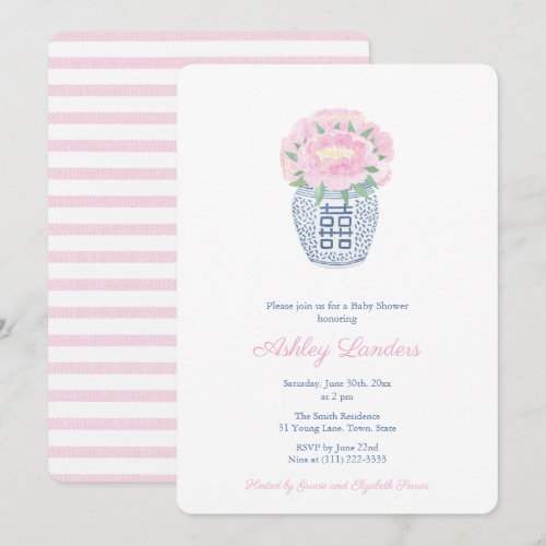 Preppy Ginger Jar Pink Peonies Girl Baby Shower Invitation