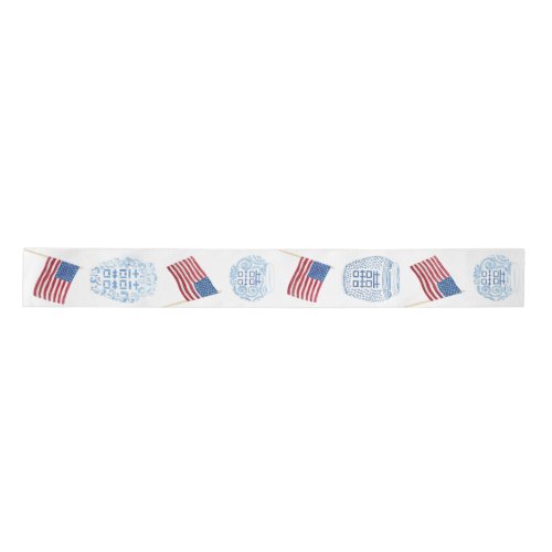 Preppy Ginger Jars & American Flags Red White Blue Satin Ribbon - Ginger jar designs and USA flags handpainted in watercolors by yours truly before being scanned into digital form and turned into a repeating pattern. 