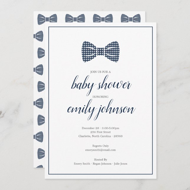 Preppy Gingham Bow Tie Baby Boy Shower Invitation (Front/Back)
