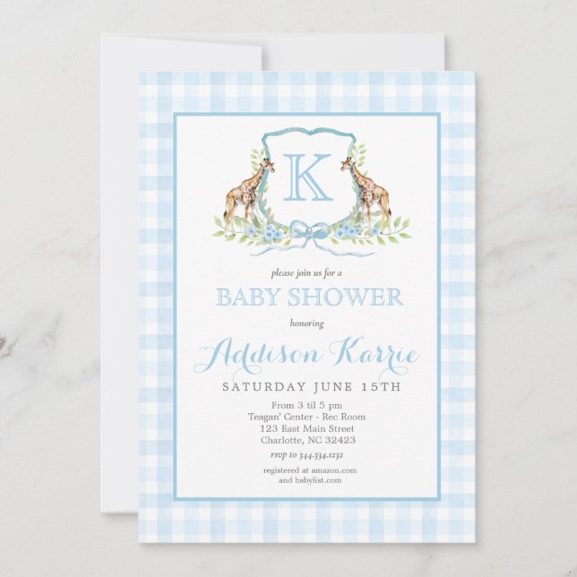 Preppy Giraffe Crest Baby Shower Invitation (Front)